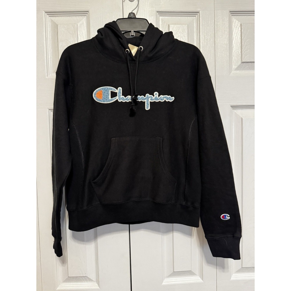 Champion NWT Reverse Weave Chenille Script Logo Hoodie Black Womens XS Boyfriend